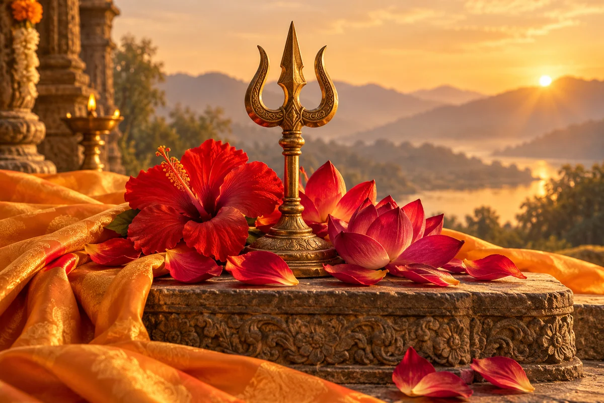 AI illustration of a brass trident, red hibiscus and lotus petals in warm golden light