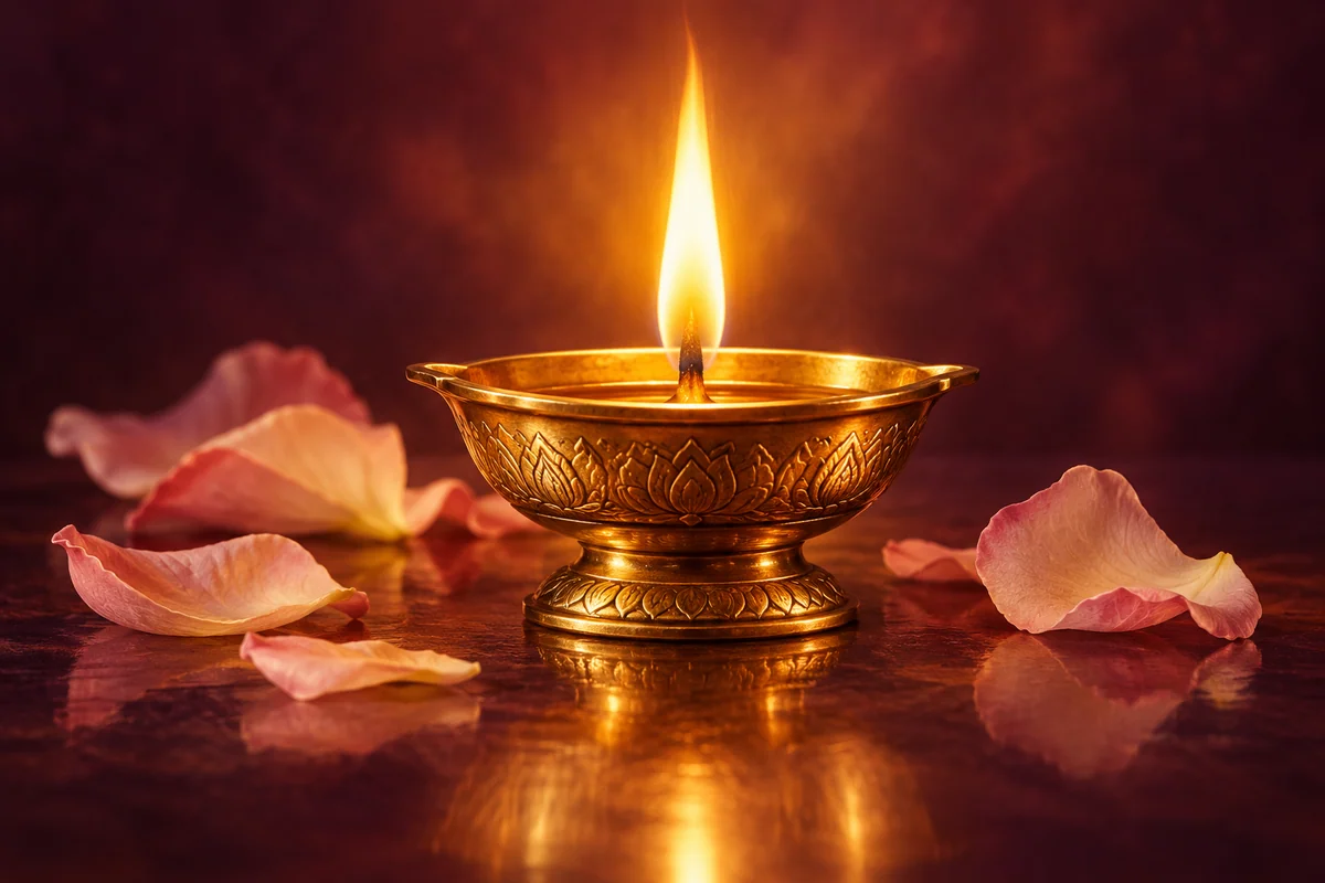 AI illustration of a glowing brass oil lamp and pale rose petals against a deep plum background