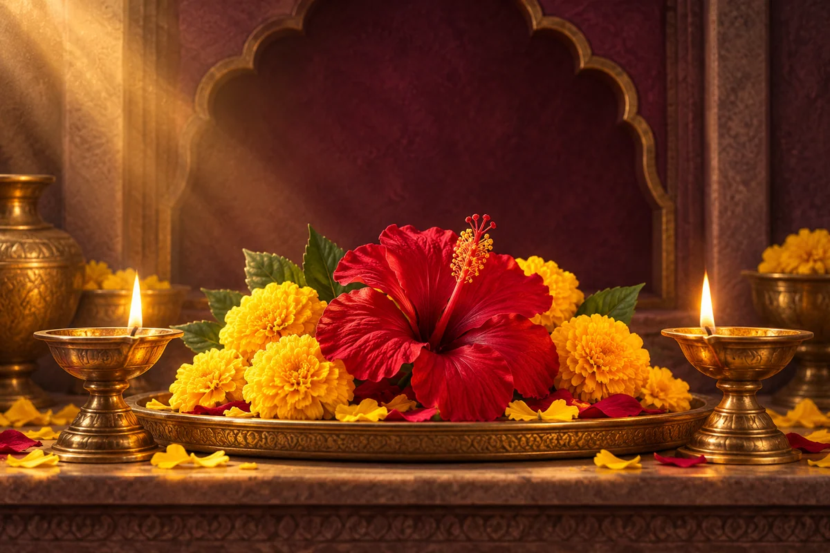 AI illustration of red hibiscus, yellow marigolds and two brass oil lamps in a peaceful alcove