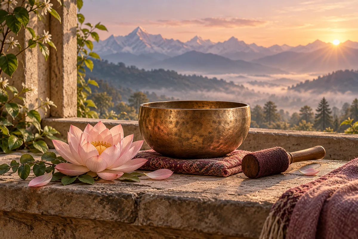 AI illustration of a lotus and brass singing bowl overlooking misty mountains at sunrise
