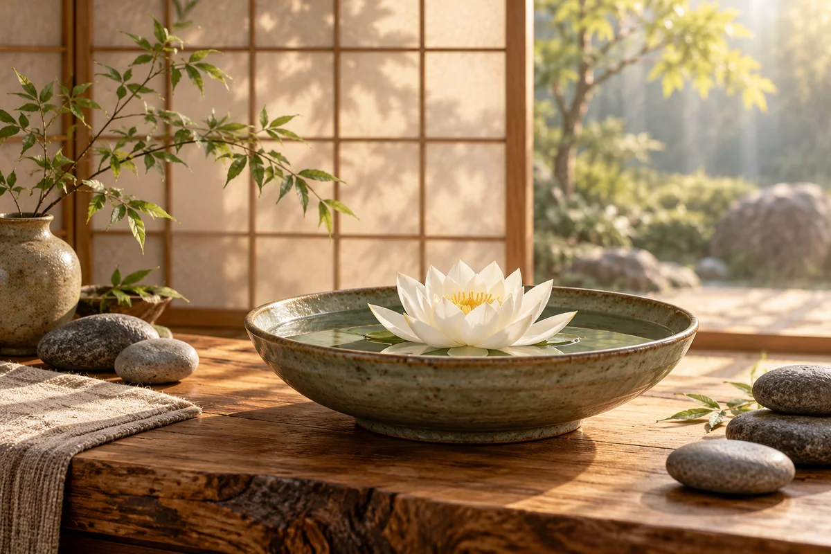 AI illustration of a white lotus in a ceramic bowl beside river stones and a softly lit Japanese screen