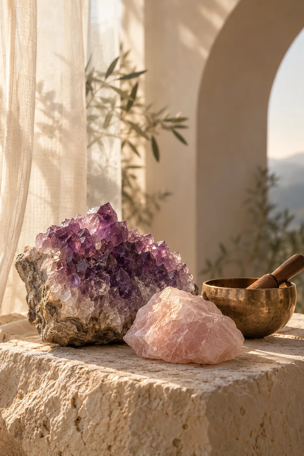 Amethyst, rose quartz and a brass singing bowl in warm morning light
